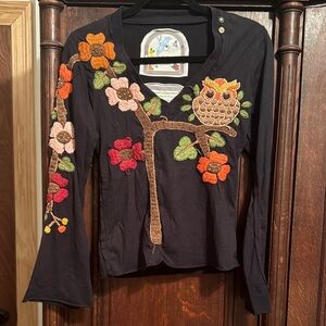 Super Cute Johnny Was Joystick Embroidered Owl Flowers Long Sleeve Top Small